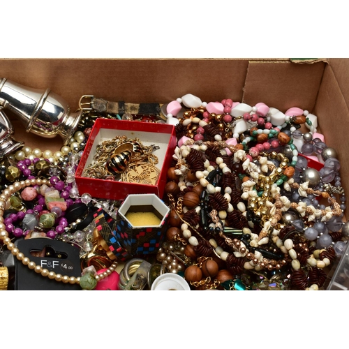 175 - A BOX OF ASSORTED COSTUME JEWELLERY, to include a silver mustard with cover, plain polished design w... 