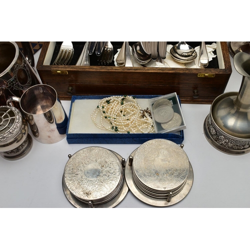 178 - A CANTEEN, WHITE METAL WARE AND COSTUME JEWELLERY, wooden canteen complete with cutlery, a white met... 