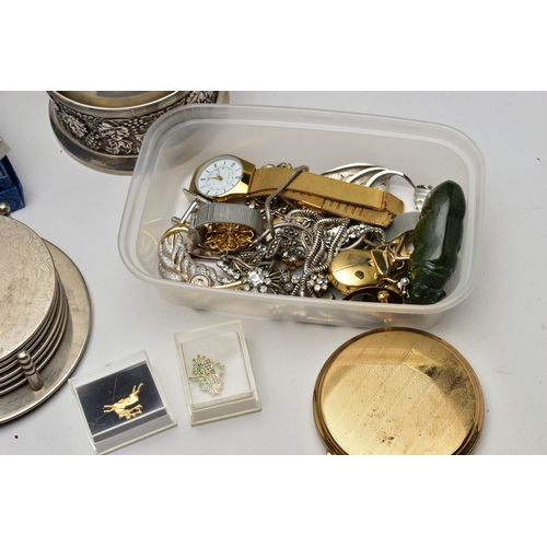 178 - A CANTEEN, WHITE METAL WARE AND COSTUME JEWELLERY, wooden canteen complete with cutlery, a white met... 