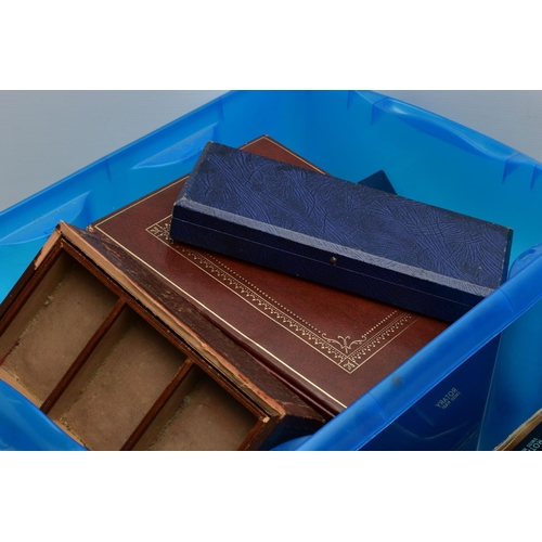 179 - TWO BOXES OF EMPTY BOXES, to include various jewellery boxes, empty necklace boxes, a carved wooden ... 