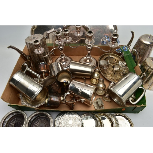 186 - A BOX OF WHITE METAL WARE, to include a floral decorative teapot and coffee pot, a pair of three bra... 