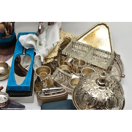 188 - A BOX OF ASSORTED SILVER PLATE AND WHITE METAL WARE, to include an EPNS egg boiler, a 'Viners of She... 