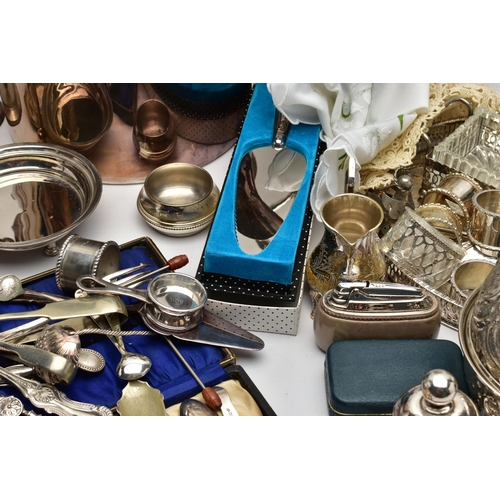 188 - A BOX OF ASSORTED SILVER PLATE AND WHITE METAL WARE, to include an EPNS egg boiler, a 'Viners of She... 