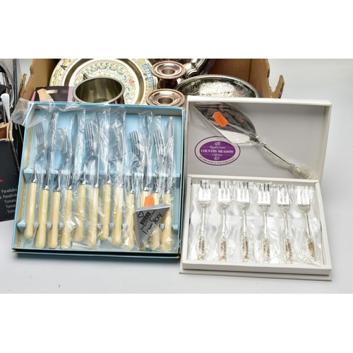 189 - TWO BOXES OF ASSORTED WHITE METAL WARE AND CUTLERY, to include a pair of EP on copper candle sticks,... 