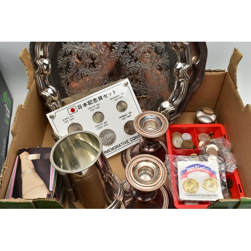 189 - TWO BOXES OF ASSORTED WHITE METAL WARE AND CUTLERY, to include a pair of EP on copper candle sticks,... 