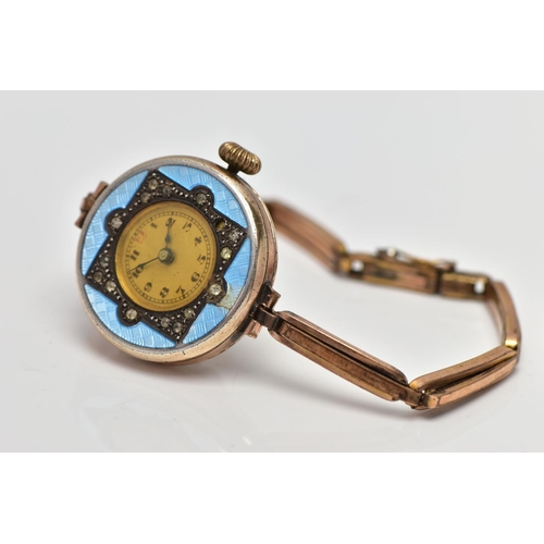 19 - A LADIES GOLD PLATED ENAMEL WRISTWATCH, AF hand wound movement (non-running), round gold tone dial, ... 