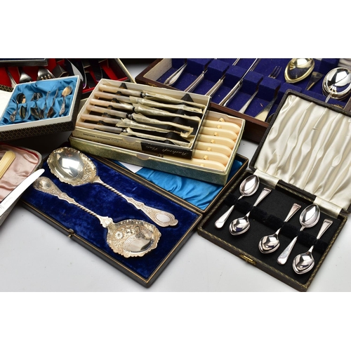 191 - A LARGE SELECTION OF INCOMPLETE CANTEEN AND WHITE METAL CUTLERY SETS, to include eleven cased exampl... 