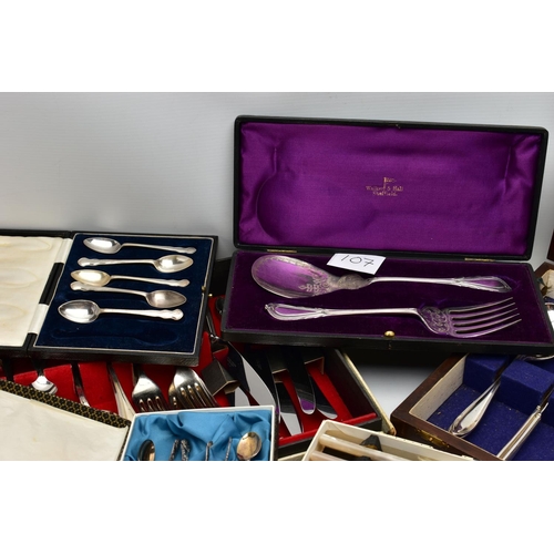 191 - A LARGE SELECTION OF INCOMPLETE CANTEEN AND WHITE METAL CUTLERY SETS, to include eleven cased exampl... 