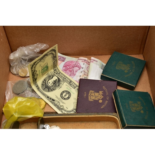 194 - A CARDBOARD BOX CONTAINING AMOUTS OF MIXED COINAGE TO INCLUDE, a bag with euro coins, a 1909 Bronze ... 