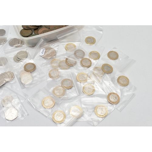 197 - A SMALL CARDBOARD BOX OF MAINLY MODERN UK COINAGE, to include 25 X two-pound coins with Features e.g... 