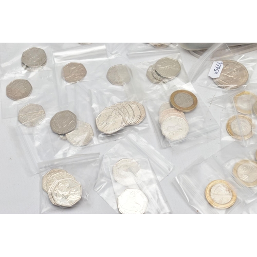 197 - A SMALL CARDBOARD BOX OF MAINLY MODERN UK COINAGE, to include 25 X two-pound coins with Features e.g... 