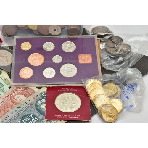 198 - A PLASTIC TUB CONTAINING MIXED WORLD COINS TO INCLUDE, a sealed sterling silver uncirculated specime... 