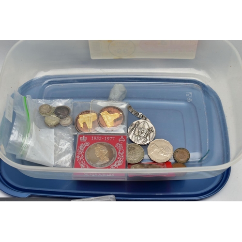 199 - A BOX CONTAINING MIXED COINS AND BANKNOTES, to include a small coin album with 20th century coinage ... 