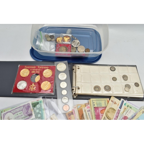 199 - A BOX CONTAINING MIXED COINS AND BANKNOTES, to include a small coin album with 20th century coinage ... 