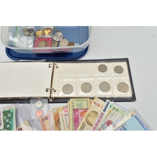 199 - A BOX CONTAINING MIXED COINS AND BANKNOTES, to include a small coin album with 20th century coinage ... 