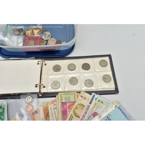 199 - A BOX CONTAINING MIXED COINS AND BANKNOTES, to include a small coin album with 20th century coinage ... 