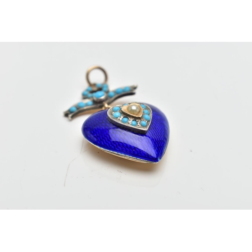 206 - A GUILLOCHE ENAMEL, TURQUOISE AND SEED PEARL HEART PENDANT, a yellow and white metal, deep blue guil... 