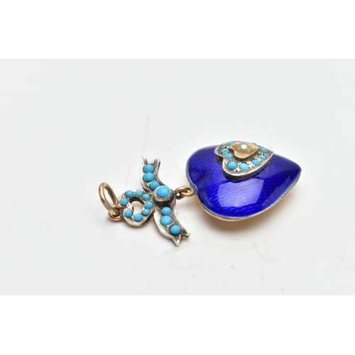 206 - A GUILLOCHE ENAMEL, TURQUOISE AND SEED PEARL HEART PENDANT, a yellow and white metal, deep blue guil... 