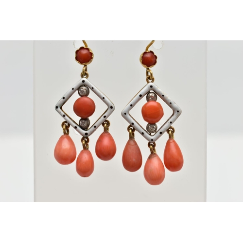 207 - A PAIR OF ENAMEL, CORAL AND DIAMOND DROP EARRINGS, each earring is designed with a white enamel open... 