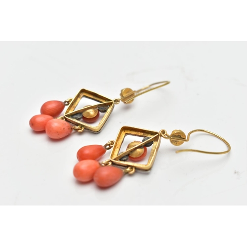 207 - A PAIR OF ENAMEL, CORAL AND DIAMOND DROP EARRINGS, each earring is designed with a white enamel open... 