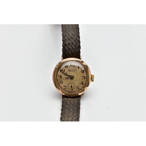 208 - A 9CT GOLD 'J W BENSON' WRISTWATCH, working condition, hand wound movement, round discoloured dial s... 