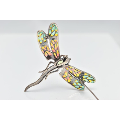 24 - A WHITE METAL PLIQUE A JOUR, RUBY, PERIODT AND MARCASITE DRAGONFLY BROOCH, the dragonfly with circul... 