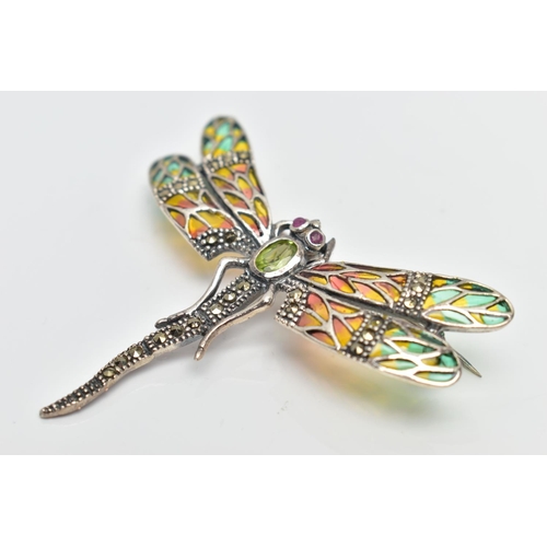 24 - A WHITE METAL PLIQUE A JOUR, RUBY, PERIODT AND MARCASITE DRAGONFLY BROOCH, the dragonfly with circul... 