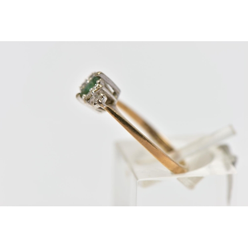 26 - A 9CT GOLD EMERALD AND DIAMOND DRESS RING, the marquise cut emerald, with a trefoil of single cut di... 