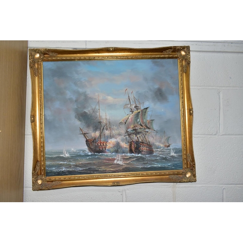 265 - PAINTINGS AND PRINTS ETC, to include a maritime battle scene signed Melville, oil on canvas approxim... 