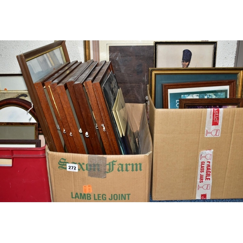 272 - THREE BOXES AND LOOSE PICTURES ETC, to include three vintage razor blade counter top display signs -... 