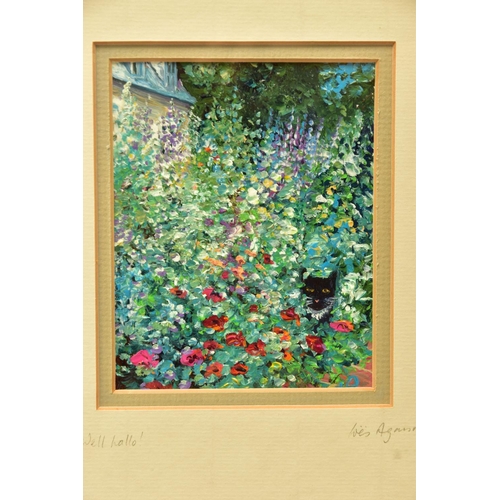 289 - LOES AGOUST (CONTEMPORARY) TWO OILS ON BOARD DEPICTING BLACK CATS IN FLOWER BEDS, titled 'Well Hello... 