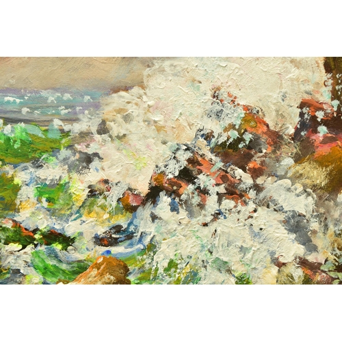 290 - EUNICE BARTH (BRITISH 20TH CENTURY) 'WINTER - HOPE COVE', a coastal landscape with waves crashing ov... 