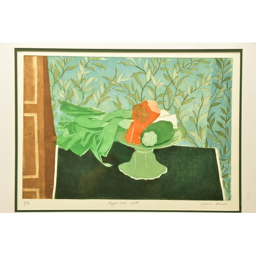 291 - VALERIE DANIEL (20TH CENTURY) 'PEPPERS AND LEEKS', a limited edition etching with colours, signed, t... 