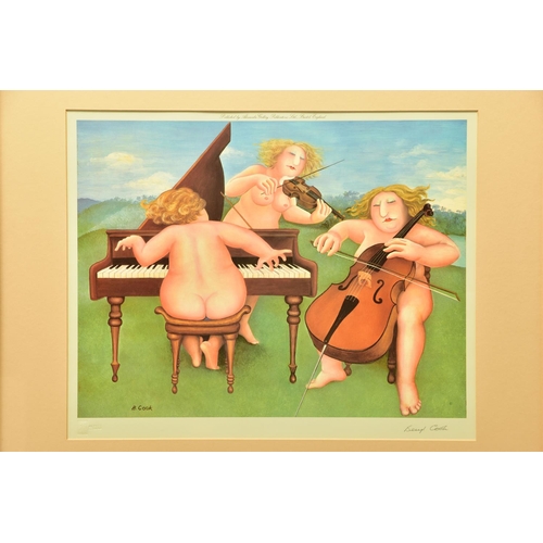 293 - BERYL COOK ( BRITISH 1926-2008) 'MEADOW SUITE', three female figures are playing a piano, cello and ... 