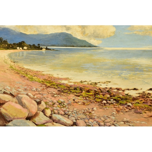 297 - AN EXTENSIVE 20th CENTURY COASTAL LANDSCAPE, OIL ON CANVAS, the stony foreshore leads to calm open s... 