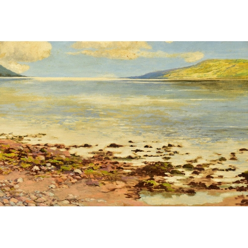 297 - AN EXTENSIVE 20th CENTURY COASTAL LANDSCAPE, OIL ON CANVAS, the stony foreshore leads to calm open s... 