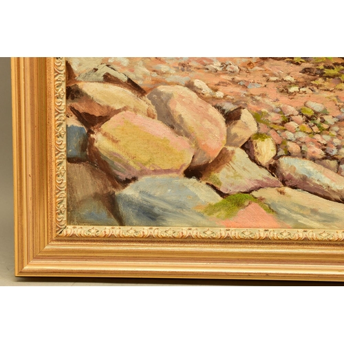 297 - AN EXTENSIVE 20th CENTURY COASTAL LANDSCAPE, OIL ON CANVAS, the stony foreshore leads to calm open s... 