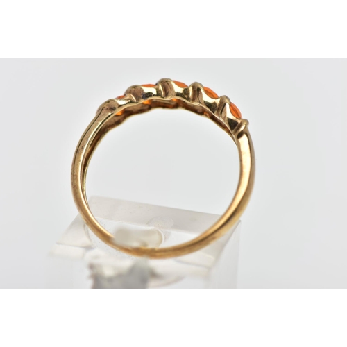 31 - A 9CT GOLD FIRE OPAL FIVE STONE RING, the circular cut fire opals within a partial twist collet sett... 