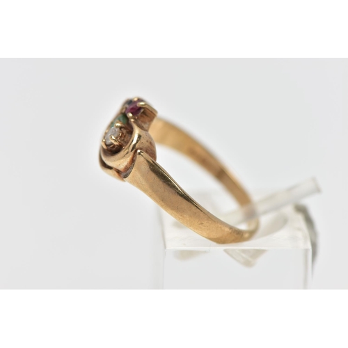 32 - A 9CT GOLD DIAMOND AND GEM SET DRESS RING, of openwork design, the brilliant cut diamond claw set wi... 