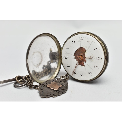 36 - A SILVER OPEN FACE POCKET WATCH AND ALBERT CHAIN, key wound watch, white damaged ceramic dial, Arabi... 