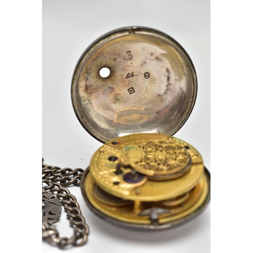 36 - A SILVER OPEN FACE POCKET WATCH AND ALBERT CHAIN, key wound watch, white damaged ceramic dial, Arabi... 