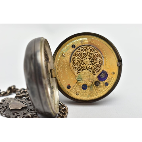 36 - A SILVER OPEN FACE POCKET WATCH AND ALBERT CHAIN, key wound watch, white damaged ceramic dial, Arabi... 