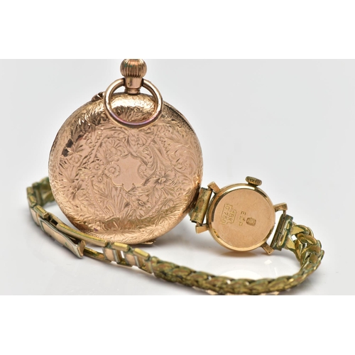 39 - A 14CT GOLD OPEN FACE POCKET WATCH AND 18CT BUCHERER WATCH HEAD WITH YELLOW METAL STRAP, the pocket ... 