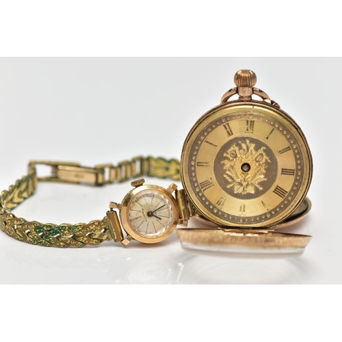 39 - A 14CT GOLD OPEN FACE POCKET WATCH AND 18CT BUCHERER WATCH HEAD WITH YELLOW METAL STRAP, the pocket ... 