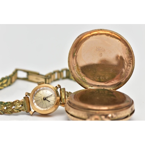 39 - A 14CT GOLD OPEN FACE POCKET WATCH AND 18CT BUCHERER WATCH HEAD WITH YELLOW METAL STRAP, the pocket ... 