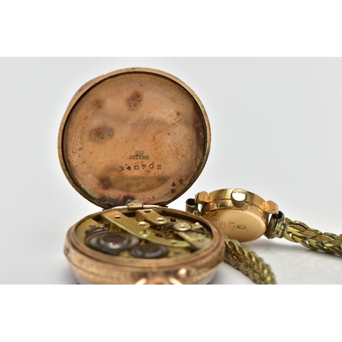 39 - A 14CT GOLD OPEN FACE POCKET WATCH AND 18CT BUCHERER WATCH HEAD WITH YELLOW METAL STRAP, the pocket ... 