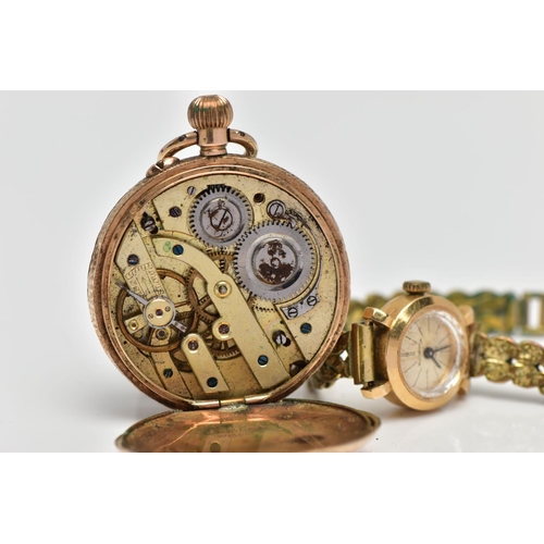 39 - A 14CT GOLD OPEN FACE POCKET WATCH AND 18CT BUCHERER WATCH HEAD WITH YELLOW METAL STRAP, the pocket ... 