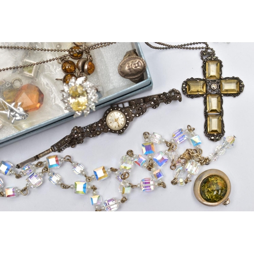 43 - AN SELECTION OF PREDOMINANTLY SILVER AND COSTUME JEWELLERY, to include two ladies mid 20th century s... 