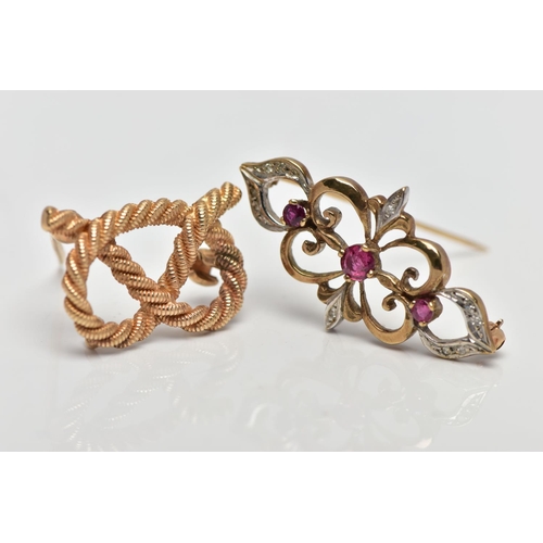 44 - TWO 9CT GOLD BROOCHES, to include a 9ct gold ruby and diamond bar brooch, of openwork design the cir... 