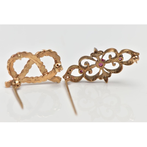 44 - TWO 9CT GOLD BROOCHES, to include a 9ct gold ruby and diamond bar brooch, of openwork design the cir... 